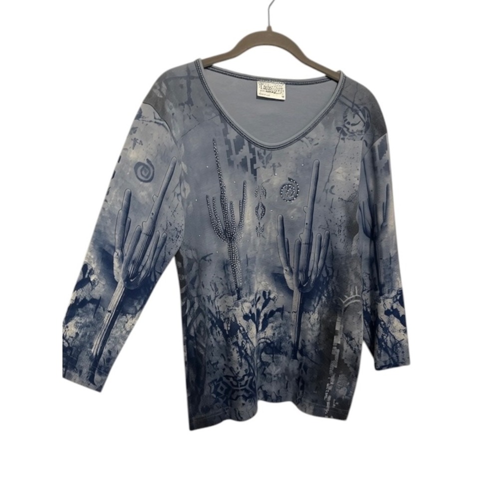 Cactus Bay Apparel Top Women's Medium Blue Southwest Desert Rhinestone USA - Picture 3 of 10